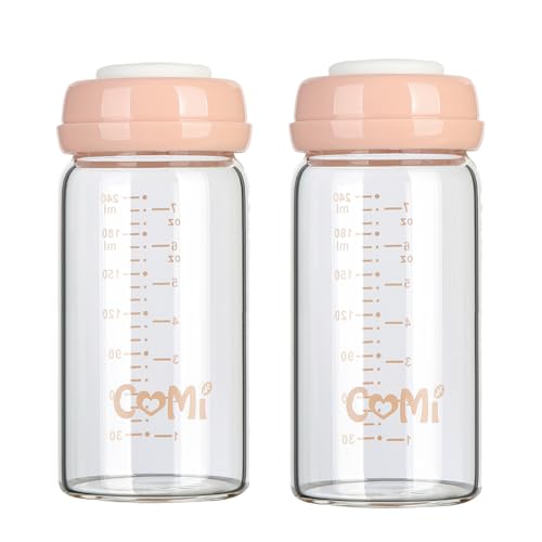 COMI Wide Neck Glass Breastmilk Collection n Storage Bottle, 8oz with Screw Ring Sealing Disk; Re-markable Sealing Disc. BPA Free, Fits Breast Pumps & Nipples (2 Pink Lids) - style: 240ml 2PINK