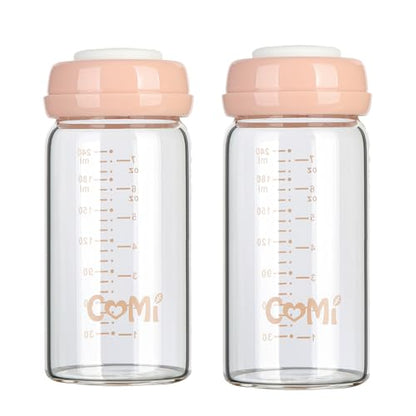 COMI Wide Neck Glass Breastmilk Collection n Storage Bottle, 8oz with Screw Ring Sealing Disk; Re-markable Sealing Disc. BPA Free, Fits Breast Pumps & Nipples (2 Pink Lids) - style: 240ml 2PINK