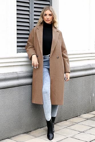 SAUKOLE Womens Winter Pea Coat Notch Lapel Double Breasted Wool Blend Oversized Overcoat with Pockets - color: 12#khaki, size: Small