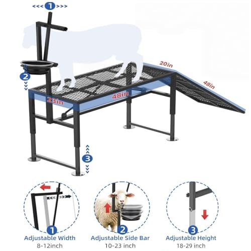 Heavy-Duty Non-Slip Ramp Goat Milking Stand, Height Adjustable Range 18.8–28.8"，600LBS Metal Livestock Trimming Stand with Feed Bin，Goat Stand Ramp Use for Goats ，Lambs & Sheep Trimming Grooming Stand