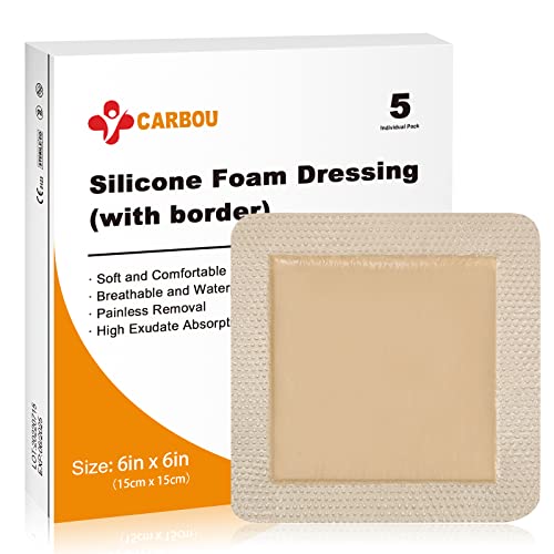 Carbou 5Pcs Silicone Foam Dressing 6" x 6" (15cmx15cm) - Square Wound Care Dressing with Border Adhesive Waterproof Central Ultra Absorbent-Foam(4.3" X 4.3") Waterproof Silicone Wound Bandage | Wound Care Dressing with Border, Adhesive Waterproof Central