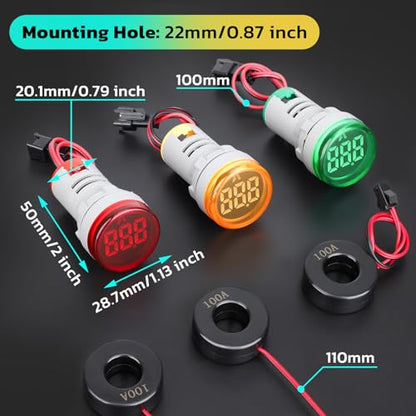 DROK AC Amp Meter 100A, Pack of 3 AC 0-100A Current Tester Digital Larger LED Screen Current Meter Suitable for 110V 220V Green Red Yellow Signal Indicator Light Panel - size: Regular, style: Amp - Circular