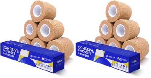 RISEN Cohesive Bandage 2” x 5 Yards, 6 Rolls, Self Adherent Wrap Medical Tape, Adhesive Flexible Breathable First Aid Gauze Ideal for Stretch Athletic (Pack of 2) - color: Tan, size: 6 Count (Pack of 2)
