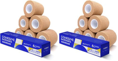 RISEN Cohesive Bandage 2” x 5 Yards, 6 Rolls, Self Adherent Wrap Medical Tape, Adhesive Flexible Breathable First Aid Gauze Ideal for Stretch Athletic (Pack of 2) - color: Tan, size: 6 Count (Pack of 2)