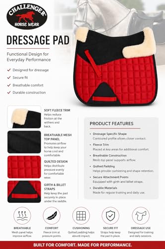 CHALLENGER Horse English Quilted Dressage Square Contoured Lightweight Trail Saddle Pad 72TS30 - color: Red, size: 25" Spine x 22" Drop