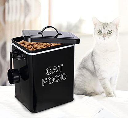 Pethiy Cat Food and Treats Containers Set with Scoop for Cats or Dogs -Tight Fitting Wood Lids - Coated Carbon Steel - Storage Canister Tins-Cat-Black - color: Black(CAT FOOD)