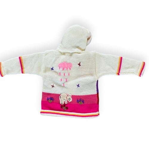 Peruvian Wool Knitted Sweater with hoodie for babies & toddlers, Unisex, Chompas Peruanas, fall winter sweater - color: White and Pink, size: 2T