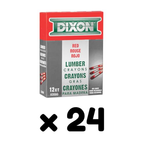 Dixon Industrial Lumber Marking Crayons, Red, 12 Crayons/Box, 24 Boxes | Use on Wet (Green) Lumber, Dry Wood, Metal, and Concrete, Fade-, Water-, and Smear-Proof, 4.5" x 0.5", Hex Shape, #52012 - color: Red, 24 Packs