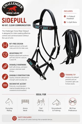 English Western Horse Leather Bitless Sidepull Bridle w/ Split Reins 77RS12 - color: Black