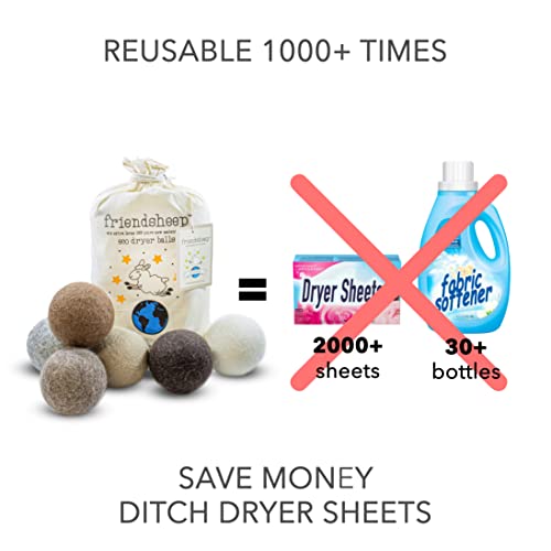 Friendsheep Wool Dryer Balls, Organic Reusable Fabric Softener Alternative for Laundry, Handmade, Fair Trade, Hypoallergenic, Eco-Friendly, Plastic-Free (6 Pack XL - Natural Mystic) | Reusable fabric softener alternative Organic wool, handmade, fair trade
