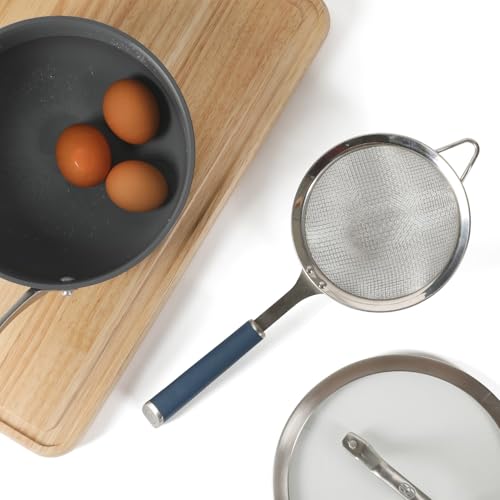 Calphalon Edge Stainless Steel Strainer, Fine Mesh Kitchen Colander Strainer with Thermoplastic Rubber Handle, Sifter for Rinsing, Draining & Straining Food, Navy - color: Navy Blue w/ Rubber Handle (Edge - Strainer)