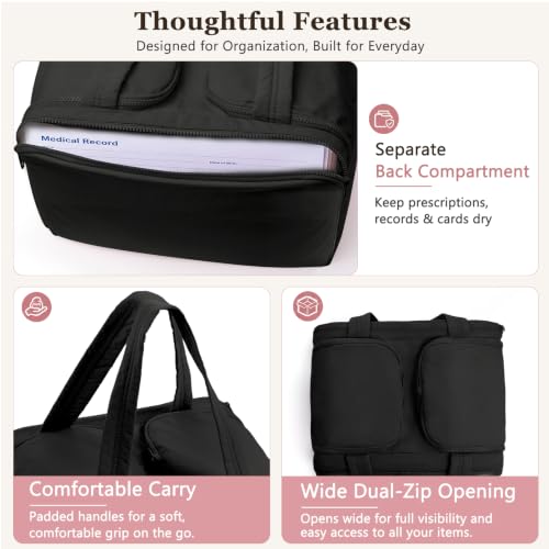 Travel Medicine Storage Bag with 2 Compartments, Wide-Mouth Medical Organizer, Puffy Lightweight First Aid Bag for Prescription Bottles, Pill Cases, Medical Supplies & Family Emergency Essentials - color: Black