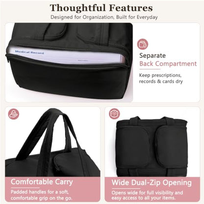 Travel Medicine Storage Bag with 2 Compartments, Wide-Mouth Medical Organizer, Puffy Lightweight First Aid Bag for Prescription Bottles, Pill Cases, Medical Supplies & Family Emergency Essentials - color: Black
