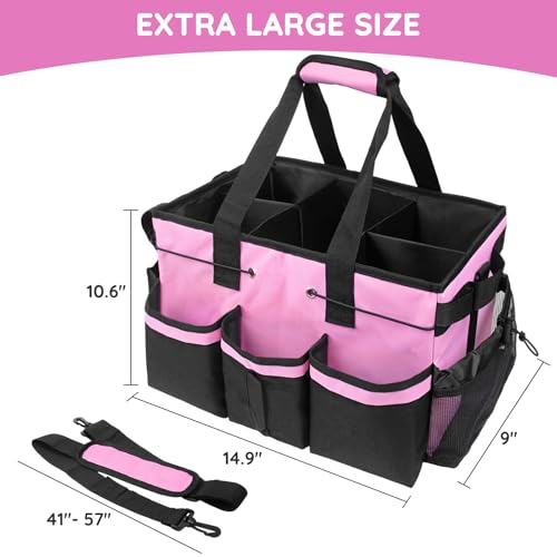 ZKOO Large Cleaning Caddy Bag with Handle, Built-in Sturdy Support Board, Adjustable Shoulder Strap, Multi-compartment Design Cleaning Supply Tote for Cleaners & Housekeepers (Pink) - color: Pink
