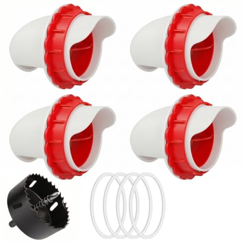DIY Chicken Feeder Ports, 4 Ports Chicken Feeder No Waste, DIY Automatic Poultry Feeder Cups Kit, Rain Proof Gravity Feeder Port with Hole Saw for Buckets Barrels Bins Troughs