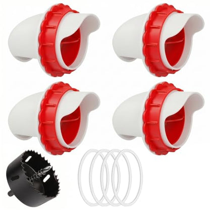 DIY Chicken Feeder Ports, 4 Ports Chicken Feeder No Waste, DIY Automatic Poultry Feeder Cups Kit, Rain Proof Gravity Feeder Port with Hole Saw for Buckets Barrels Bins Troughs