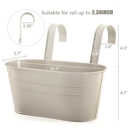 3 Pack Metal Railing Planters, 10.5" Oval Hanging Flower Pots with Detachable Hooks & Drainage Holes, Fits Rails up to 2.36", Galvanized Iron Fence Bucket for Balcony Garden Patio - Gray - color: Gray, size: 3 Pack, 10.5"L x 5.7"W x 4.7"H