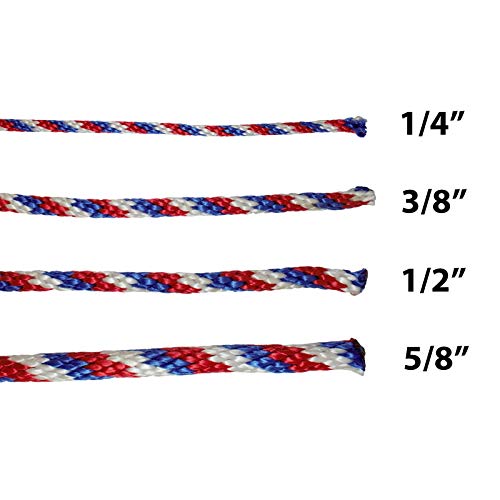 SGT KNOTS Solid Braided Polypropylene Derby Rope – Durable, Weatherproof Rope Ideal for Animal Handling, Boating, Camping, and Knot Tying Practice (1/4" x 25ft, RedWhiteBlue) - color: Red White Blue, size: 1/4 in x 25 ft