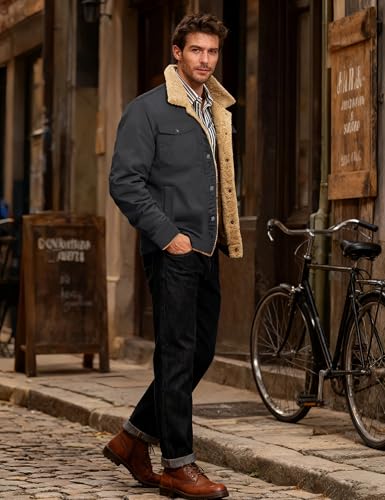 KEFITEVD Men's Winter Fleece Jacket Sherpa Lined Warm Cargo Trucker Coat - color: Dark Grey, size: Small