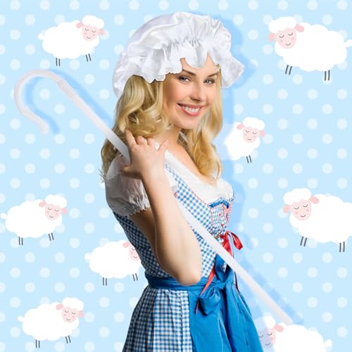 Shyyween 2 Pcs Shepherdess Costume, Staff Mob Cap for Women | Plastic Crook Hook Staff Adjustable Little Mob Cap Pilgrim Cane Walking Stick for Halloween Christmas Cosplay Party Accessory