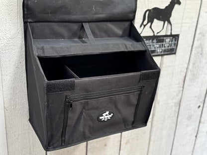 Stall Front Organizer Bag, Black, Multi-Compartment Storage, Horse Grooming Supply Holder with Top Loading Design