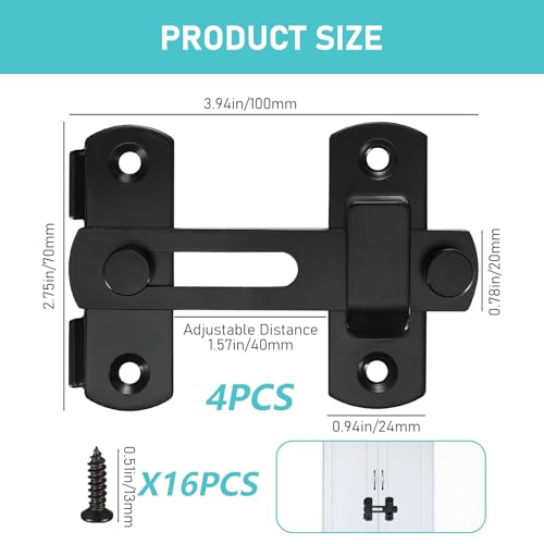 4 Pcs 180 Degree Flip Sliding Barn Door Lock Black Latch Bolt - size: 4INCH-4PCS