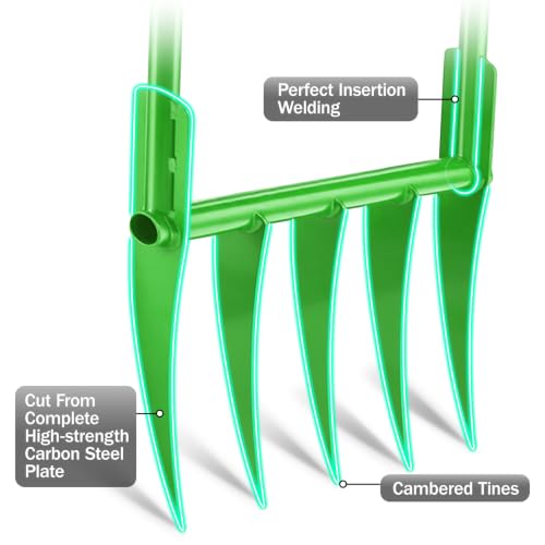 56'' Heavy Duty Broadfork for All the Soils, Detachable Pitchfork, 5 Sharp Cambered 11'' Tines Bord Fork Garden Tool, Ergonomic Handles, Good Package, Easy Assembly, Cultivator & Tiller, Green.