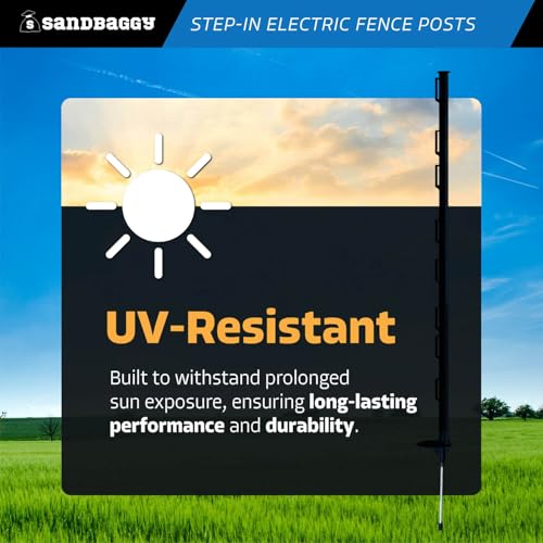 Sandbaggy 4 ft Plastic Step in Electric Fence Posts - UV Resistant - Temporary or Semi-Permanent Fencing for Livestock, Grazing, Gardening - Lightweight, Adjustable Height (4 ft, Black, 10)