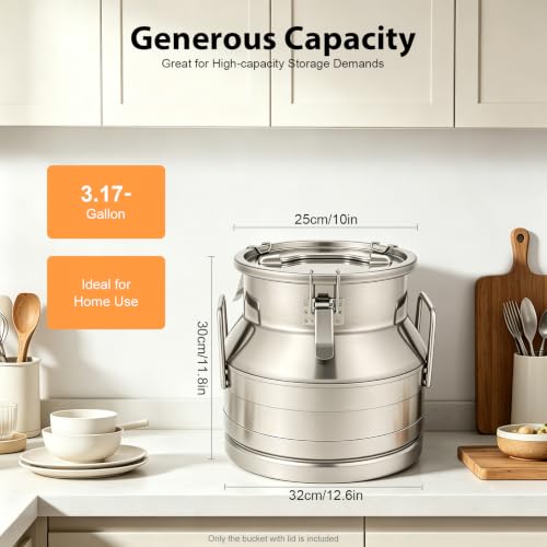 12L/ 3.17 Gallon Seamless Stainless Steel Milk Can with Lid - size: 12L