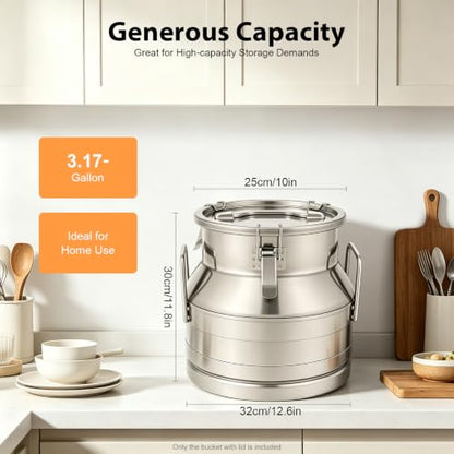 12L/ 3.17 Gallon Seamless Stainless Steel Milk Can with Lid - size: 12L