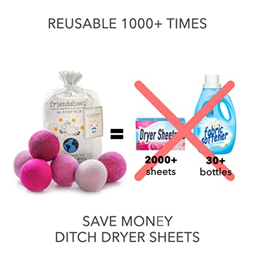 Friendsheep Wool Dryer Balls, Organic Reusable Fabric Softener Alternative for Laundry, Handmade, Fair Trade, Hypoallergenic, Eco-Friendly, Plastic-Free (6 Pack XL - Pink Valentine) | Reusable fabric softener alternative Organic wool, handmade, fair trade