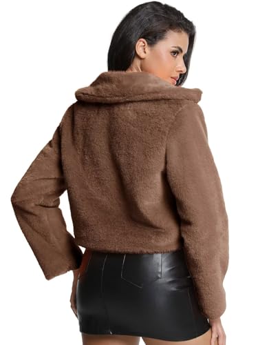 Women's Cropped Faux Fur Jacket with Hidden Pockets and Buttons Plush Shawl Collar Cardigan Sexy Coat - color: Brown, size: Large