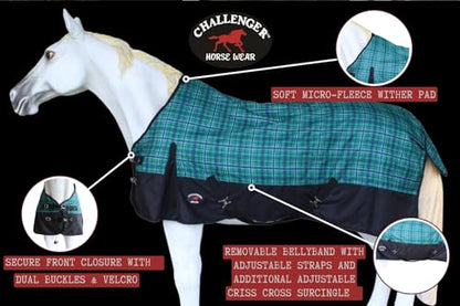 Challenger 1200D Turnout Waterproof Rain Light-Weight Sheet Plaid Horse Blanket 3EE09G - color: Turquoise Purple Plaid, size: 72 inches