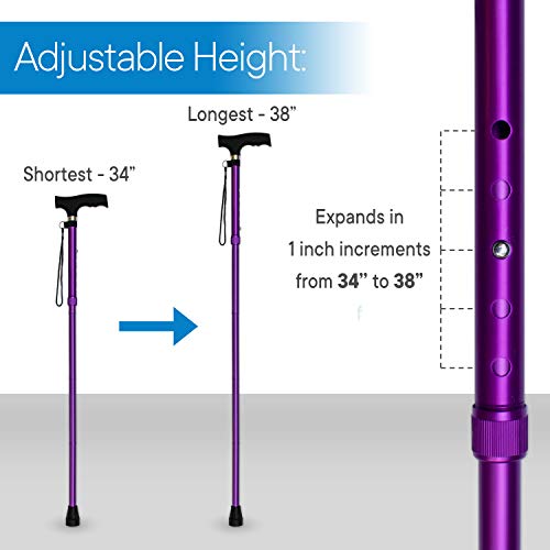 RMS Folding Cane, Adjustable, Lightweight Offset Walking Cane | Aluminum Collapsible Walking Stick with Ergonomic Derby Handle, cane folds for travel and storage - color: Lavender