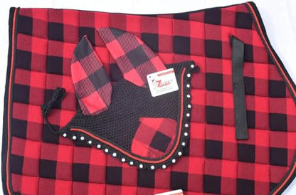 Buffalo Plaid All Purpose English Saddle Pad with Matching Fly Bonnet – Handmade Jumping Saddle Pad Set - size: Horse/Full