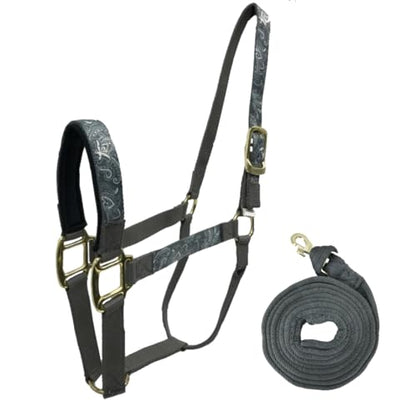 Patterned Nylon Horse Halters with Padded Noseband and Matching 10’ Soft Grip Lead Rope - 6 Month Warranty - color: Geometric on Hurricane Blue Nylon