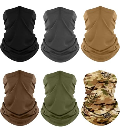 Fuinloth Neck Gaiter, 6 Pack Cooling UV Protection Bandana Face Mask Gator - color: Black+gray+green+sand+brown+jungle Leaf