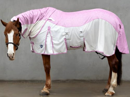 Mesh Horse Fly Sheet with Detachable Neck Cover | Dual-Zone UV Protection & Breathable Design | Elastic Webbing Belly Wrap & Leg Straps | Pink, 72 Inch - color: Ice Cream Pink, size: 72