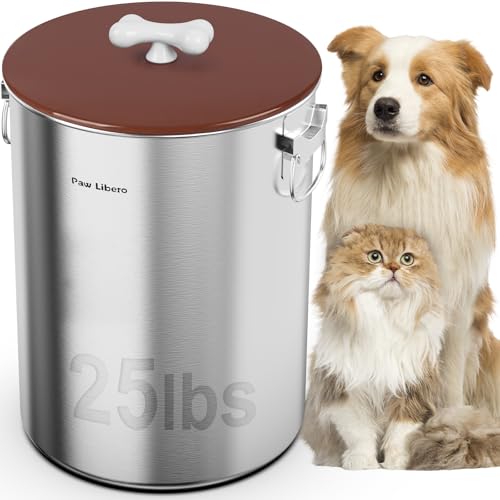 Paw Libero 25 Lbs Stainless Steel Dog Food Storage Container with Airtight Lid & Ceramic Bone Handle, Large Metal Dog Food Bin for Dogs & Cats, Keep Fresh, Easy to Clean - size: 25 lbs
