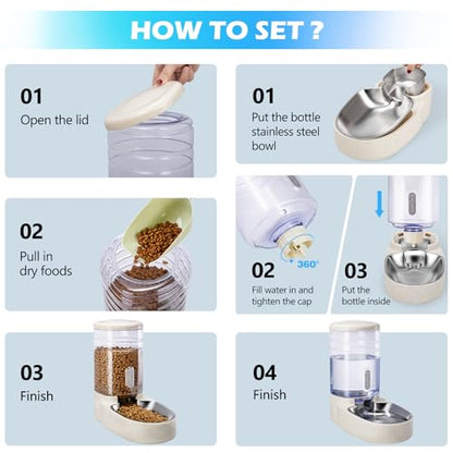 Automatic Cat Feeder and Water Dispenser with Stainless Steel Bowl Gravity Food Feeder and Waterer Set for Small Medium Dog Puppy Kitten 1 Gallon x 2(Beige) - color: Stainless Steel-Beige