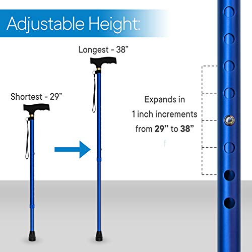 RMS Walking Cane - Adjustable Walking Stick - Lightweight Aluminum Offset Cane with Ergonomic Handle and Wrist Strap - Ideal Daily Living Aid for Limited Mobility - color: Blue