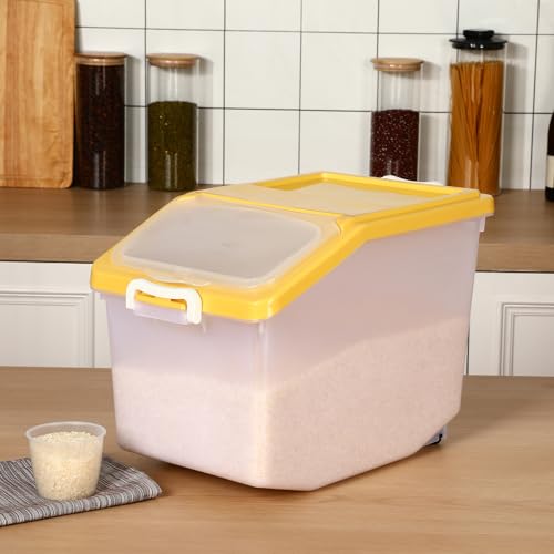 Sunnyray 4 Pcs Rice Storage Container Bulk 27.6 lb Airtight Flour Container with Wheels and Lids Measuring Cup Clear Pet Food Dog Birds Cat Food Bin Grain Cereal Organizer Box(Yellow) - color: Yellow