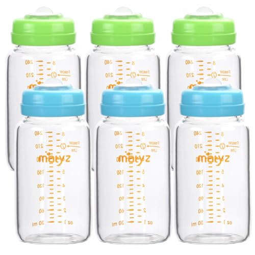 Matyz 유리 모유 보관 병, 6팩, 226.8g(8온스), Spectra Medela 펌프와 호환 - 우유 우물 보관, 냉동, 예열 - 대형 모유 보관 용기 - BPA 없음 (그린 3개 및 블루 뚜껑 3개) - color: [6개 팩] 그린 3개 & 블루 뚜껑 3개 - 226.8g(8온스) 붕규산 유리 병