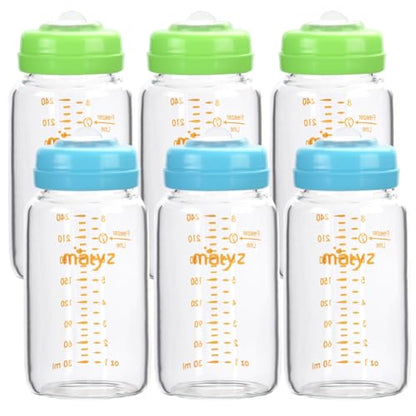 Matyz 유리 모유 보관 병, 6팩, 226.8g(8온스), Spectra Medela 펌프와 호환 - 우유 우물 보관, 냉동, 예열 - 대형 모유 보관 용기 - BPA 없음 (그린 3개 및 블루 뚜껑 3개) - color: [6개 팩] 그린 3개 & 블루 뚜껑 3개 - 226.8g(8온스) 붕규산 유리 병
