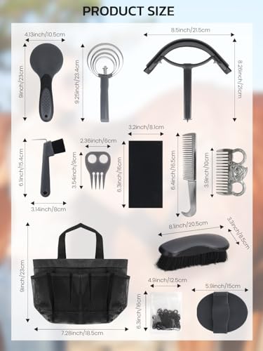 Horse Grooming Kit 12 Pieces Set – Complete Horse Brushes & Care Supplies Set with Organizer Tote Bag, Equine Coat Grooming Tools, Tack Room Equipment & Gifts for Horse Owners & Lovers