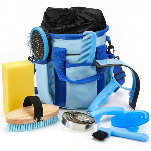 Cunhill 9 Pcs Horse Grooming Kit Tack Room Supplies, Classic, Light Blue - color: Light Blue, style: Classic