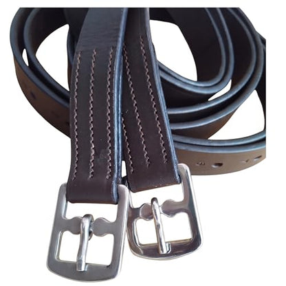 Harness Leather English Horse Riding Stirrups Straps Heavy Duty Adjustable SS Fittings Black & Brown 48-60 Inch Sizes - color: Brown, size: 54 inch