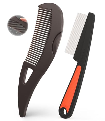 Dandruff Comb Removal 2PC Hollow Fine Tooth Scalp Detox Hair Care Tool | Build Up Flake Lice Comb, 0.5 & 2mm Stainless Steel Teeth, Self Cleaning, Button Release, Scalp Massage Handle, Women Men Kid - color: 2PC Brown+Red
