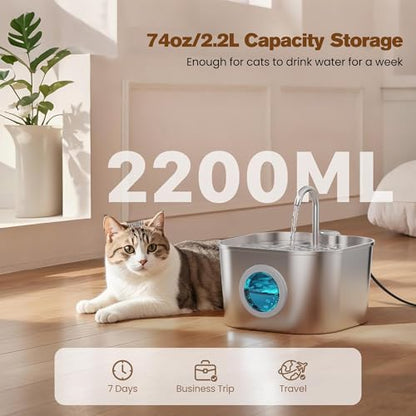 Cat Water Fountain Stainless Steel: Pet Fountains for Cats/Dog Indoor 74oz