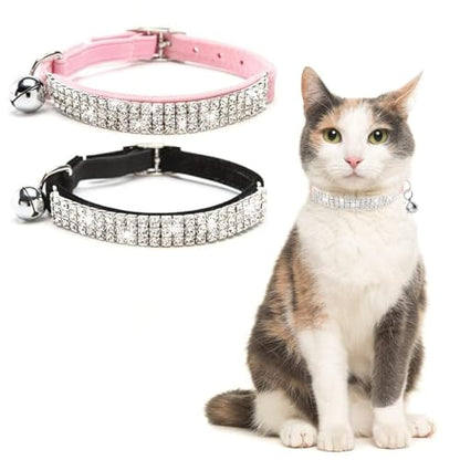 BINGPET Diamond Cat Collar with Bell,Adjustable Kitten Collar, Pink&Black - color: Pink & Black(Rhinestones), size: Neck Girth 8"-10"